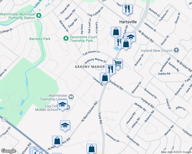 map of restaurants, bars, coffee shops, grocery stores, and more near 1045 Lavera Road in Warminster