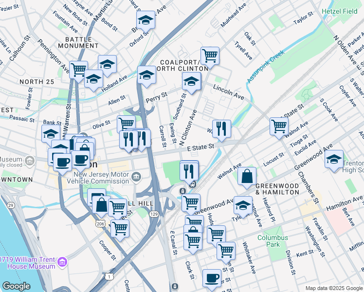 map of restaurants, bars, coffee shops, grocery stores, and more near 504 East State Street in Trenton