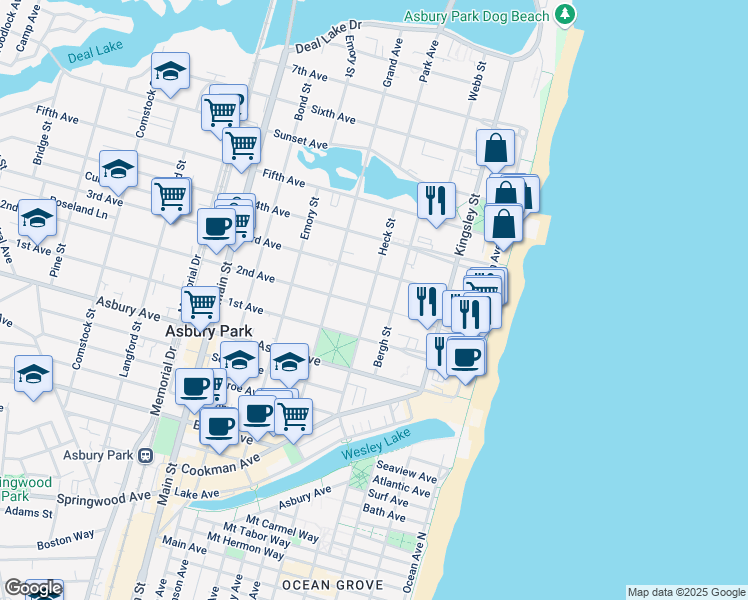 map of restaurants, bars, coffee shops, grocery stores, and more near 219 2nd Avenue in Asbury Park
