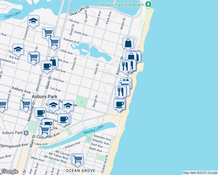 map of restaurants, bars, coffee shops, grocery stores, and more near 207 2nd Avenue in Asbury Park