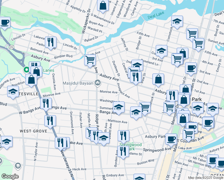 map of restaurants, bars, coffee shops, grocery stores, and more near 1220 Monroe Avenue in Asbury Park