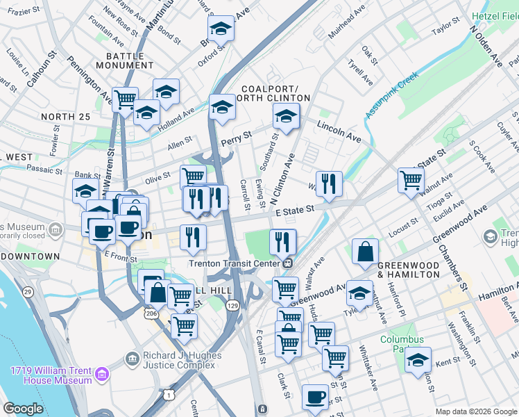 map of restaurants, bars, coffee shops, grocery stores, and more near None in Trenton