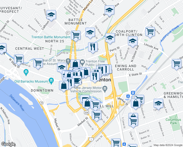 map of restaurants, bars, coffee shops, grocery stores, and more near in Trenton