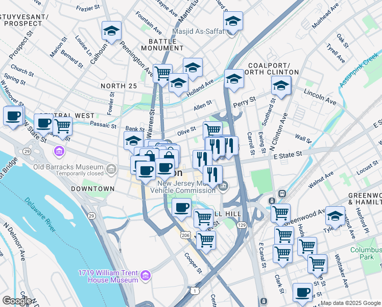 map of restaurants, bars, coffee shops, grocery stores, and more near in Trenton