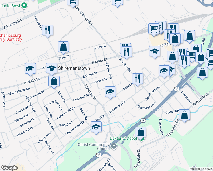 map of restaurants, bars, coffee shops, grocery stores, and more near 214 East Chestnut Street in Shiremanstown