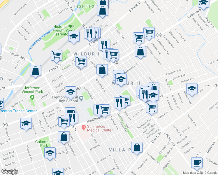 map of restaurants, bars, coffee shops, grocery stores, and more near 305 Cuyler Avenue in Trenton