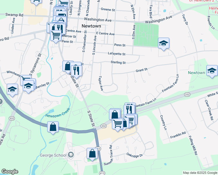 map of restaurants, bars, coffee shops, grocery stores, and more near 467 South Norwood Avenue in Newtown