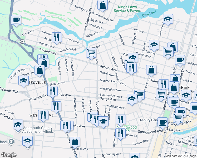 map of restaurants, bars, coffee shops, grocery stores, and more near 1300 Monroe Avenue in Asbury Park