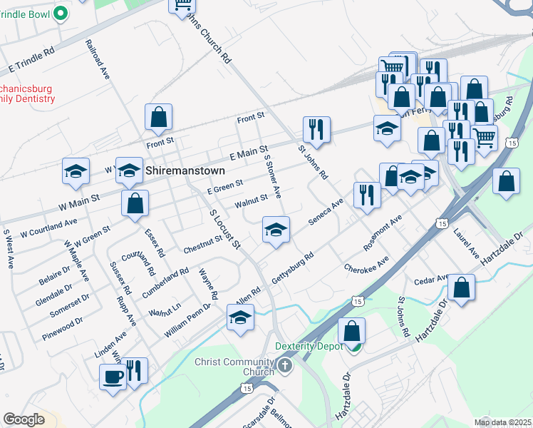 map of restaurants, bars, coffee shops, grocery stores, and more near 214 East Chestnut Street in Shiremanstown