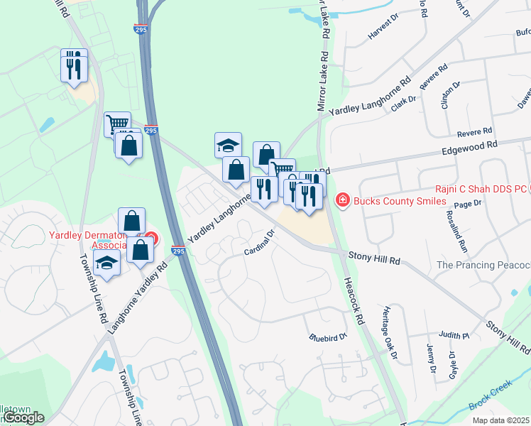 map of restaurants, bars, coffee shops, grocery stores, and more near 668 Stony Hill Road in Yardley