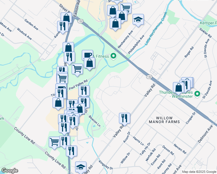 map of restaurants, bars, coffee shops, grocery stores, and more near 81 Basswood Court in Warrington
