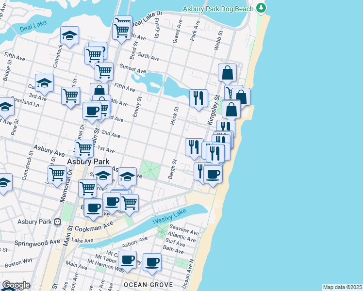 map of restaurants, bars, coffee shops, grocery stores, and more near 1004 Bergh Street in Asbury Park