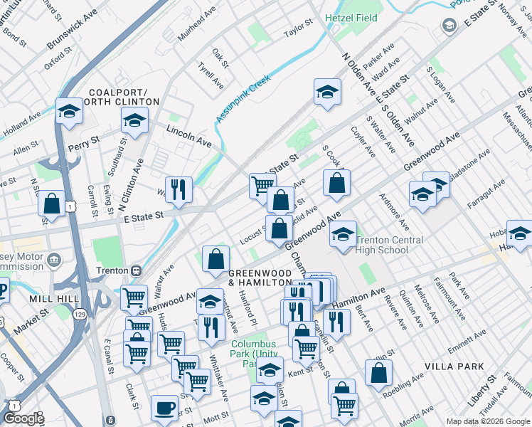 map of restaurants, bars, coffee shops, grocery stores, and more near 192 Locust Street in Trenton