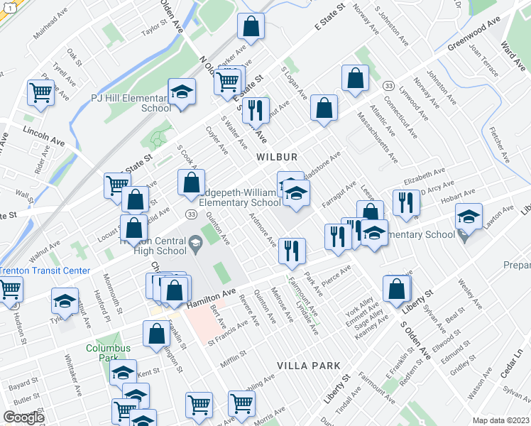 map of restaurants, bars, coffee shops, grocery stores, and more near 303 Cuyler Avenue in Trenton