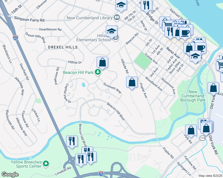 map of restaurants, bars, coffee shops, grocery stores, and more near 1346 Sconsett Way in New Cumberland