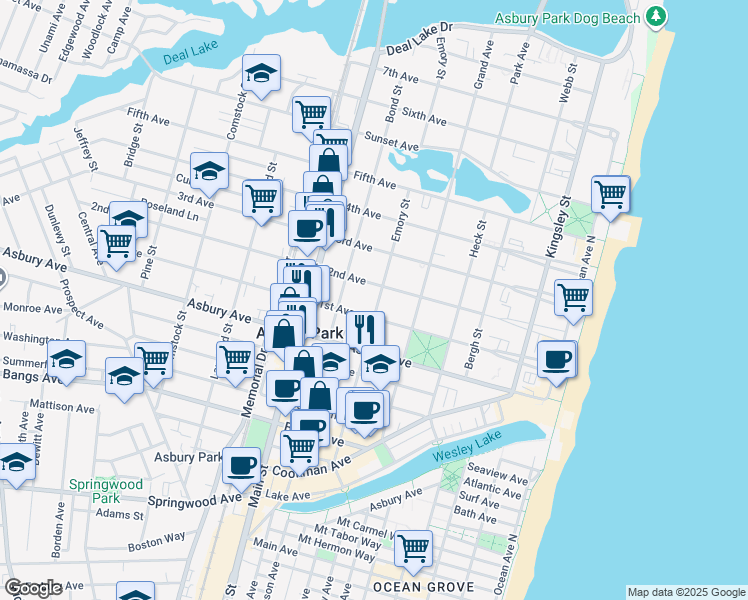 map of restaurants, bars, coffee shops, grocery stores, and more near 905 Emory Street in Asbury Park