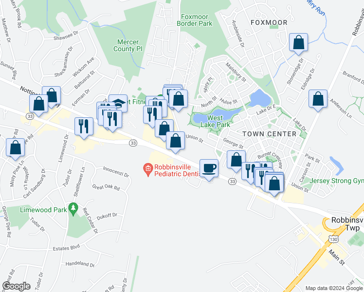 map of restaurants, bars, coffee shops, grocery stores, and more near 2324-2332 State Highway 33 in Robbinsville
