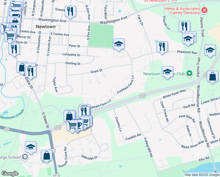 map of restaurants, bars, coffee shops, grocery stores, and more near 37 Kanon Court in Newtown