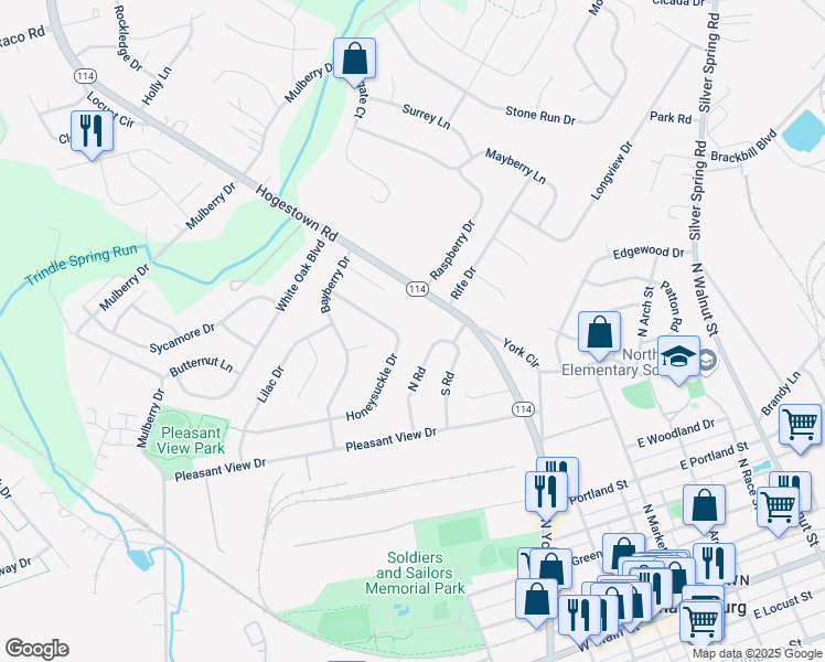 map of restaurants, bars, coffee shops, grocery stores, and more near 29 Honeysuckle Drive in Mechanicsburg