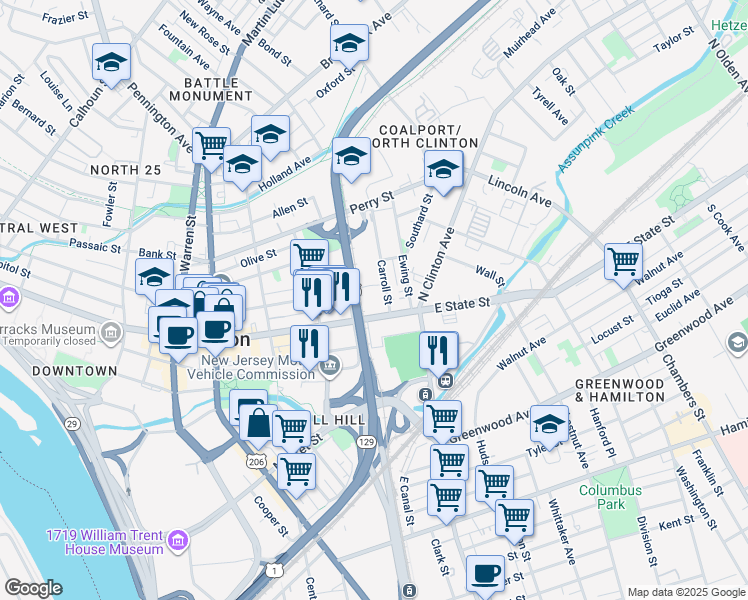 map of restaurants, bars, coffee shops, grocery stores, and more near 402 East State Street in Trenton