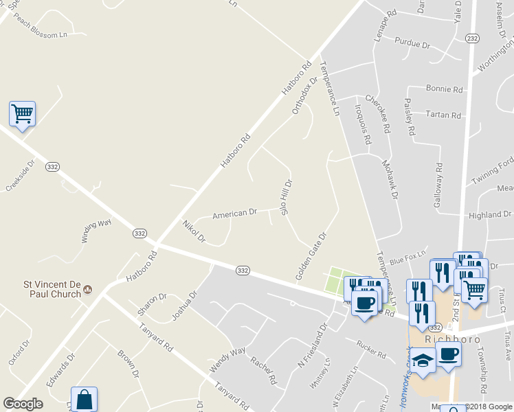 map of restaurants, bars, coffee shops, grocery stores, and more near 216 American Drive in Richboro