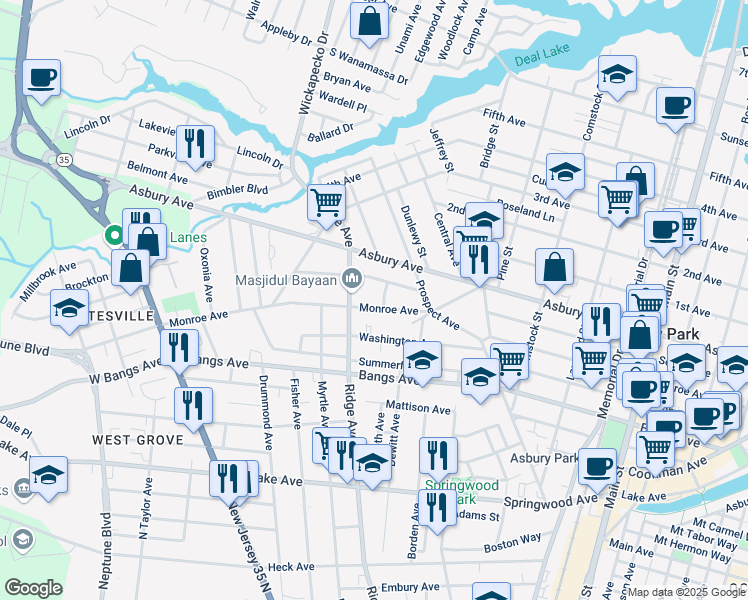 map of restaurants, bars, coffee shops, grocery stores, and more near 1220 Monroe Avenue in Asbury Park