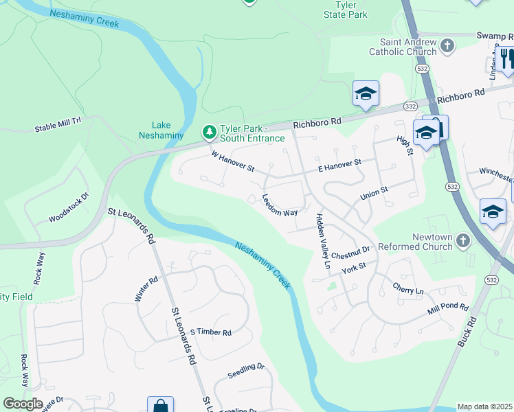 map of restaurants, bars, coffee shops, grocery stores, and more near 296 Leedom Way in Newtown