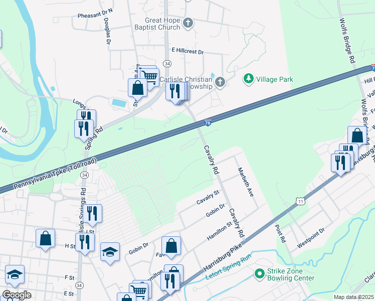 map of restaurants, bars, coffee shops, grocery stores, and more near 504 Cavalry Road in Carlisle