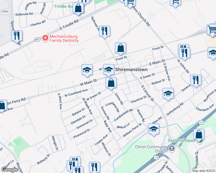 map of restaurants, bars, coffee shops, grocery stores, and more near 101 West Green Street in Shiremanstown