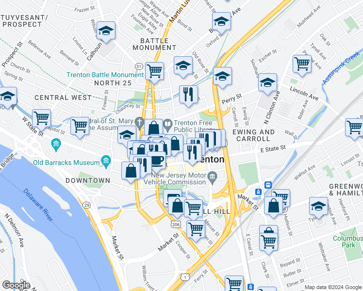 map of restaurants, bars, coffee shops, grocery stores, and more near 202-204 East Hanover Street in Trenton
