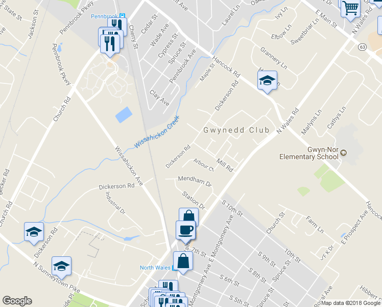 map of restaurants, bars, coffee shops, grocery stores, and more near 153 Arbour Court in North Wales