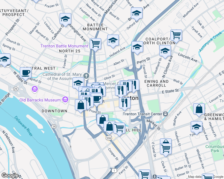 map of restaurants, bars, coffee shops, grocery stores, and more near 202 East Hanover Street in Trenton