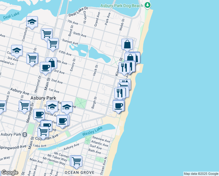map of restaurants, bars, coffee shops, grocery stores, and more near 207 2nd Avenue in Asbury Park