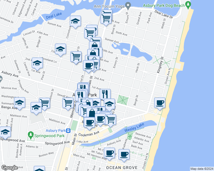 map of restaurants, bars, coffee shops, grocery stores, and more near 517 1st Avenue in Asbury Park