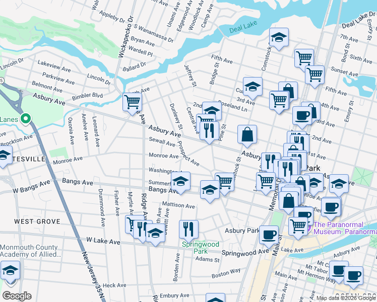 map of restaurants, bars, coffee shops, grocery stores, and more near 530 Prospect Avenue in Asbury Park