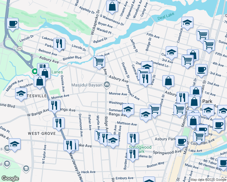 map of restaurants, bars, coffee shops, grocery stores, and more near 1220 Monroe Avenue in Asbury Park
