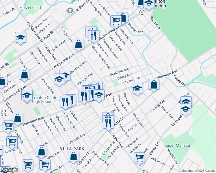map of restaurants, bars, coffee shops, grocery stores, and more near 518 South Logan Avenue in Trenton