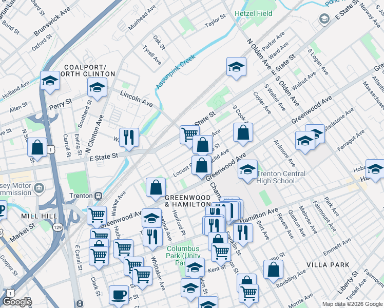 map of restaurants, bars, coffee shops, grocery stores, and more near 192 Locust Street in Trenton