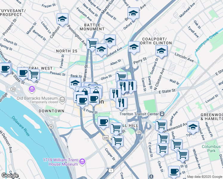 map of restaurants, bars, coffee shops, grocery stores, and more near in Trenton