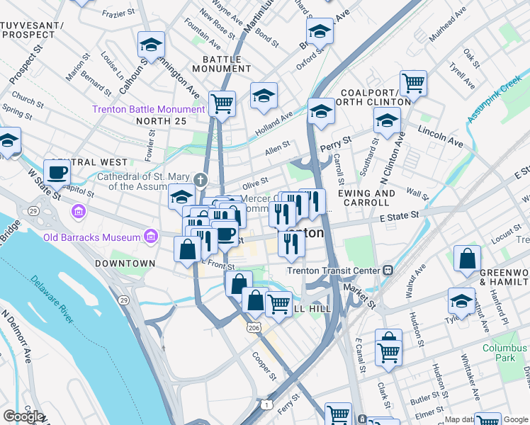 map of restaurants, bars, coffee shops, grocery stores, and more near 211 East Hanover Street in Trenton