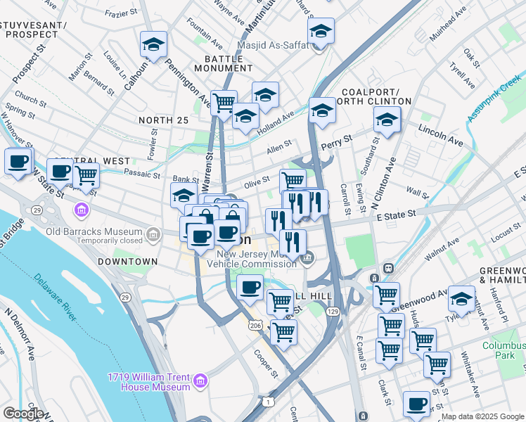 map of restaurants, bars, coffee shops, grocery stores, and more near in Trenton