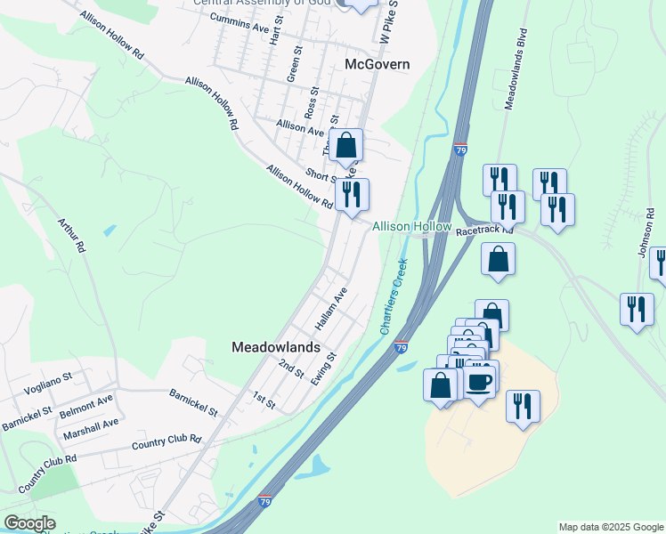 map of restaurants, bars, coffee shops, grocery stores, and more near 105 Hallam St in Meadowlands