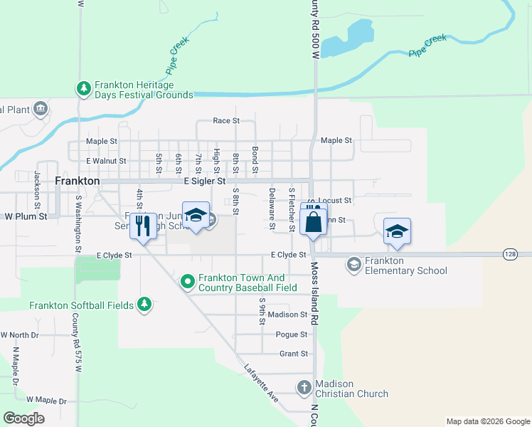 map of restaurants, bars, coffee shops, grocery stores, and more near 218 Delaware Street in Frankton
