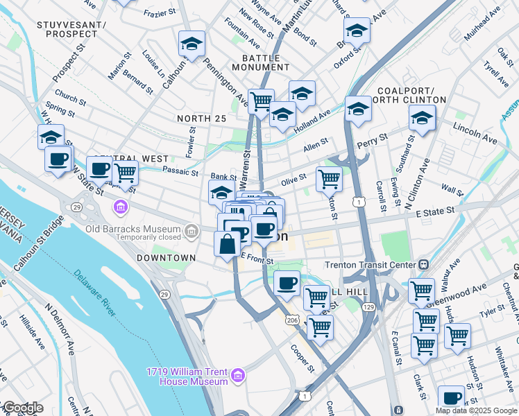 map of restaurants, bars, coffee shops, grocery stores, and more near 32 East Hanover Street in Trenton