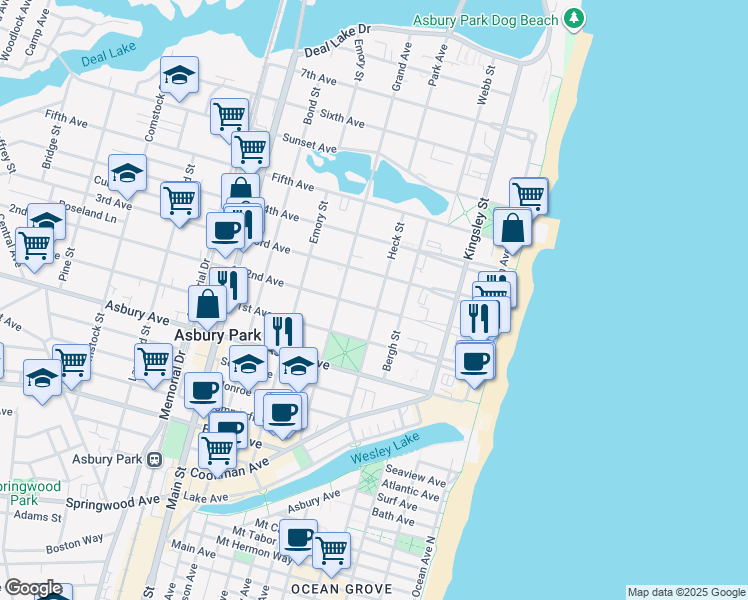 map of restaurants, bars, coffee shops, grocery stores, and more near 406 2nd Avenue in Asbury Park