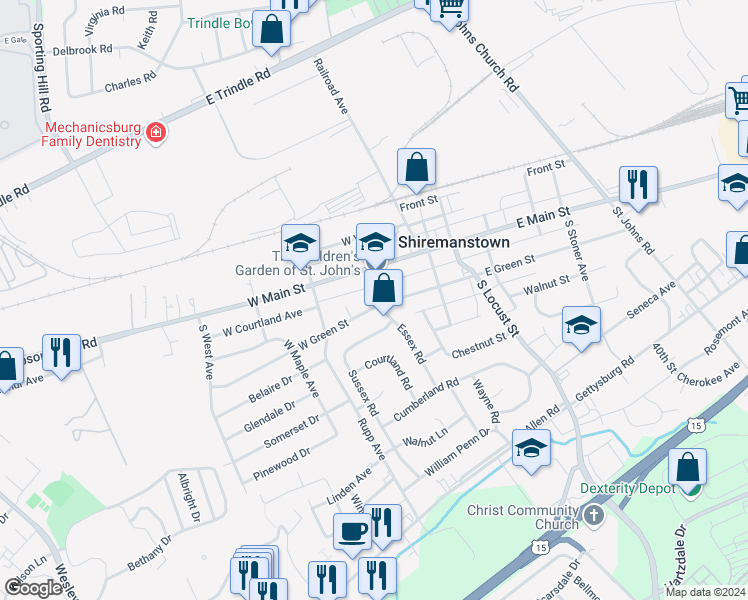 map of restaurants, bars, coffee shops, grocery stores, and more near 101 West Green Street in Shiremanstown