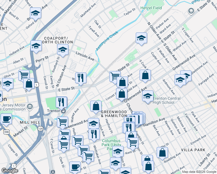 map of restaurants, bars, coffee shops, grocery stores, and more near 131 Walnut Avenue in Trenton