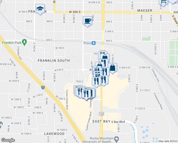 map of restaurants, bars, coffee shops, grocery stores, and more near 933 South Freedom Boulevard in Provo