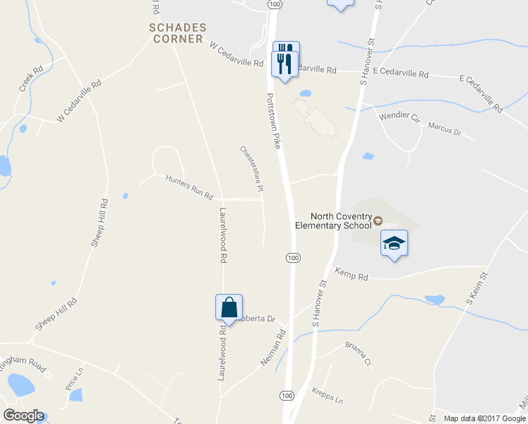 map of restaurants, bars, coffee shops, grocery stores, and more near 1202 Chestershire Place in Pottstown