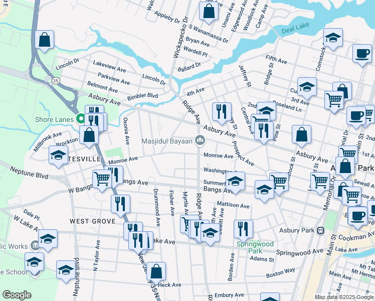 map of restaurants, bars, coffee shops, grocery stores, and more near 1309 Monroe Avenue in Neptune City